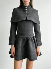 Grey Square Neck Long Sleeves Shawl Mini Dress