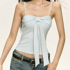 Blue Bow Ribbon Beaded Camisole Top