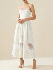 White Floral Milkmaid Cami Lace Mesh Hem Midi Dress