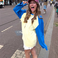Colour Block Yellow And Blue Raglan Long Sleeve T-shirt