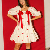 Heart Print Short Puff Sleeve Square Neck Bow Mini Dress