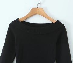 Black Knitted Off-Shoulder Full Sleeve Belt Mini Dress