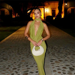 Halter Hollow Out Backless Satin Maxi Dress