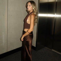 Halter Deep V Neck Top And Maxi Skirt Satin Ruched Set