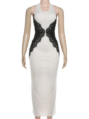 Lace Patchwork Halter Sleeveless Midi Dress
