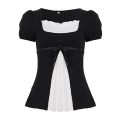Contrast Color Square Neck Puff Sleeve Bow Babydoll Blouse