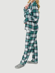 Plaid Print Long Sleeve Button Down Tops And Elastic Waist Pants Christmas Pajama Set