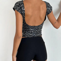 Sequin Short Sleeve Low Back Top