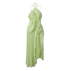 Spaghetti Strap Pleated Irregular Ruffle Desgin Long Dress