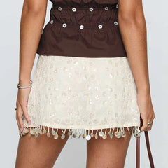 White Pencil Sequin Jacquard Tassel Mini Skirt
