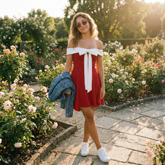 Red Off Shoulder Strapless Bow Tie Mini Dress