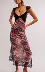 Floral Print Lace Patchwork Cutout V-Neck Midi Dress