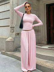 Long Sleeve Crop Top And Drawstring Wide Leg Pants Set