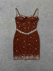 Spaghetti Straps Pearls Rhinestone Bandage Mini Dress