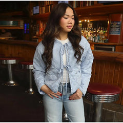 Blue Gingham Tie Up Padded Jacket