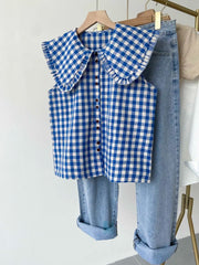 Blue Plaid Ruffled Sleeveless Shirt