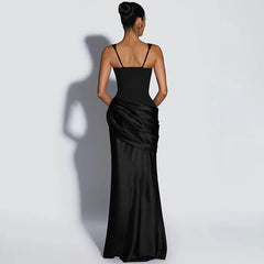 Square Neck Sleeveless Satin Waist Ruched Mermaid Maxi Dress