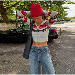 Striped Rainbow Knitted Cropped Cardigan And Blue Knit Pants Set