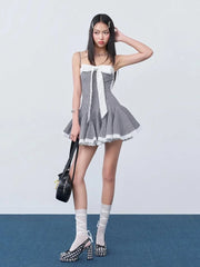 Black Plaid Bow Lace Trim A-line Mini Dress