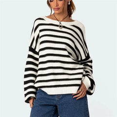 Striped Knit Crew Neck Pullover