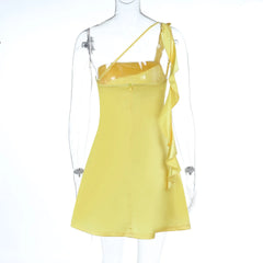 Satin One-Shoulder Ribbon Mini Dress