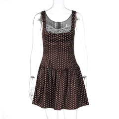 Satin Brown Polka Dot Lace Plunge Mini Dress