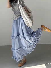 Blue Ruffles Plaid Long Skirt - Preppy A-Line