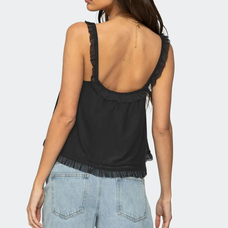 Black tank top with lace details worn by a person - back view