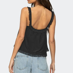 Black tank top with lace details worn by a person - back view