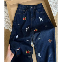 Embroidered High Waisted Straight Leg Jeans