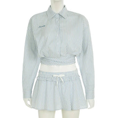 Striped Long-sleeved Cropped Shirt And Mini Skirt Two Piece Set