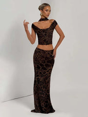 Leopard Print Off Shoulder Crop Top And Maxi Skirt Set