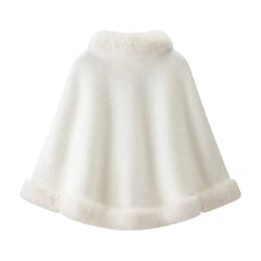 White Faux Fur Pom Pom Button Cape Shawl