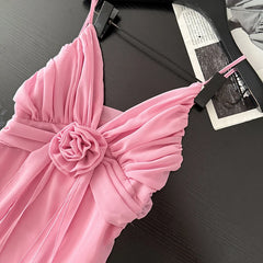 Pink V-Neck Spaghetti Strap 3D Flower Flowy Midi Dress