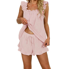 Peplum Babydoll Ruffle Trim Tank Top And Shorts Pj Sets
