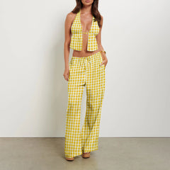 Stripe Tie-Up Halter Neck Backless Tank Top And Wide-Leg Pants Set