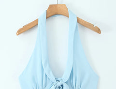 Blue Halter Bow Buttoned Mini Dress