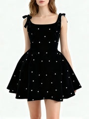 Bowknot Square Neck Sleeveless Beaded Mini Dress