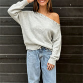 Asymmetric Off Shoulder Button Trim Knit Sweatshirt