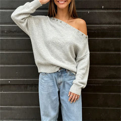 Asymmetric Off Shoulder Button Trim Knit Sweatshirt