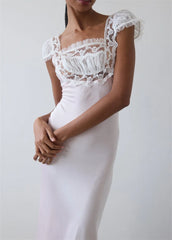 Lace Trim Short Sleeve Satin Maxi Dress