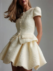 Tweed Puffy Sleeve Shirt And Bubble Skirt Set