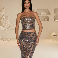 Leopard Print Sequin Strapless Crop Top And Skirt Set