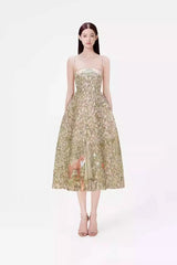 Flower Embroidered Strappy Flare Midi Dress