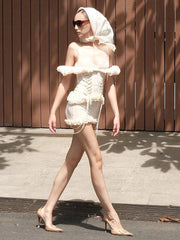 Ruffle Strap Lace Up Mesh Mini Bodycon Dress