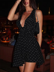 Black Polka Dot V-Neck Sleeveless Mini Dress - Slim Fit