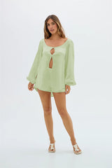 Long Sleeve Slit Blouse And Shorts Matching Set
