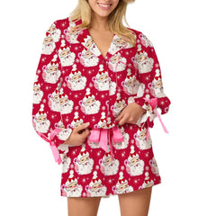 Christmas Satin Button Down Shirt And Pajama Shorts Set