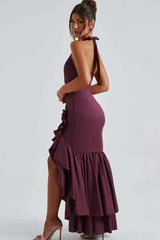 Deep V-neck Ruffles High Split Maxi Dress