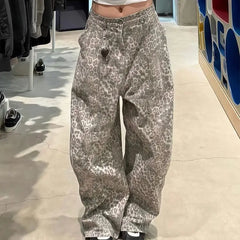 Leopard Print Wide Leg Denim Pants